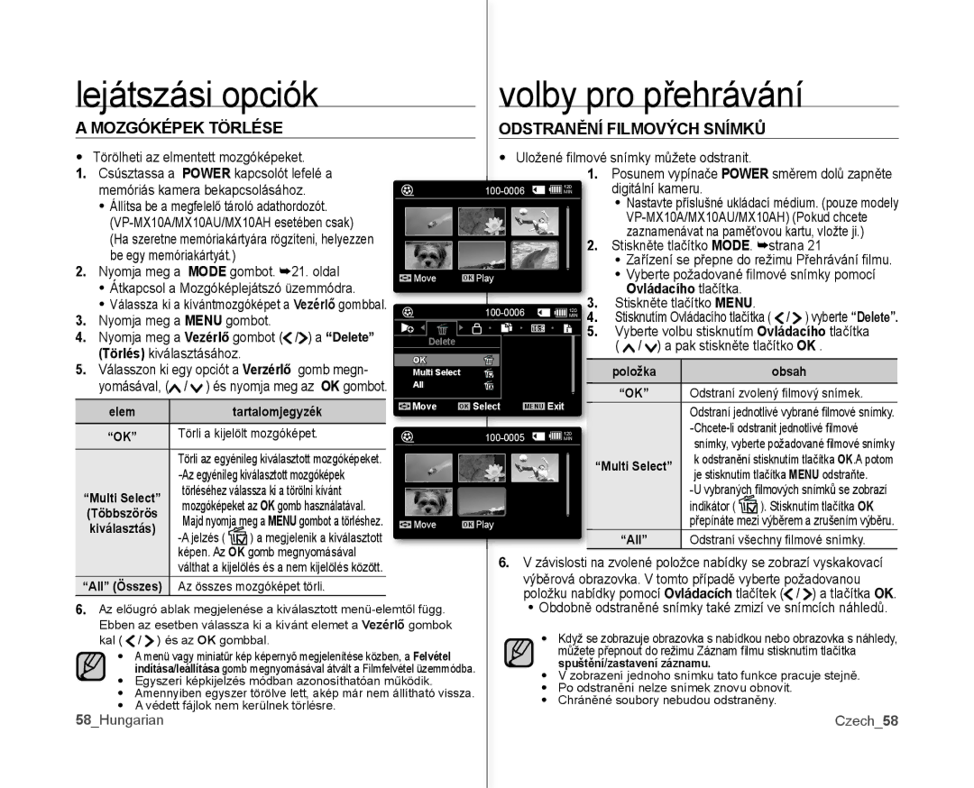 Samsung VP-MX10/XEO, VP-MX10A/XEO manual Lejátszási opciók, Mozgóképek Törlése Odstranění Filmových Snímků, Tartalomjegyzék 