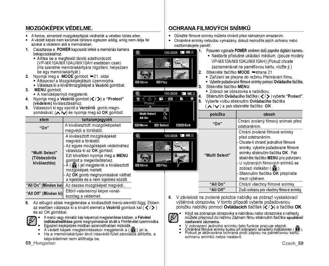 Samsung VP-MX10A/XEO manual Mozgóképek Védelme Ochrana Filmových Snímků, Vezérlő gombbal, Protect, Kiválasztás, 59Hungarian 