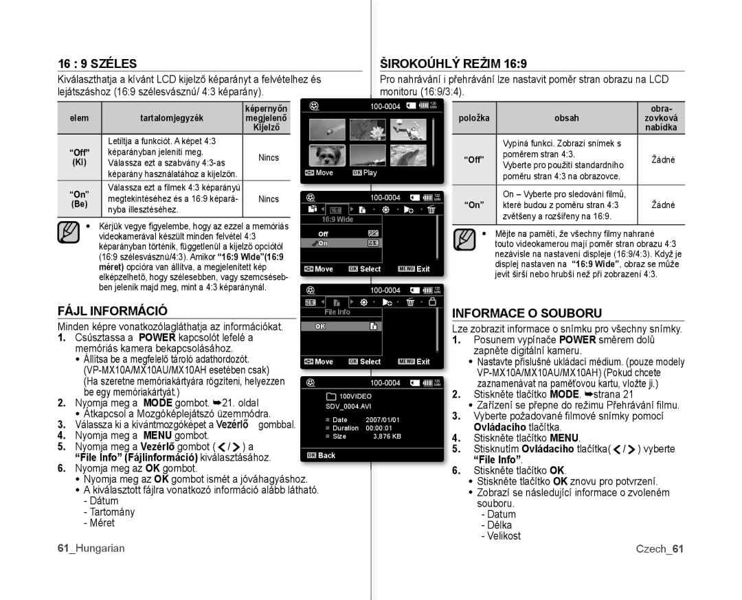 Samsung VP-MX10AU/XEO, VP-MX10/XEO, VP-MX10A/XEO, VP-MX10AH/XEO manual Širokoúhlý Režim, Fájl Információ, Informace O Souboru 