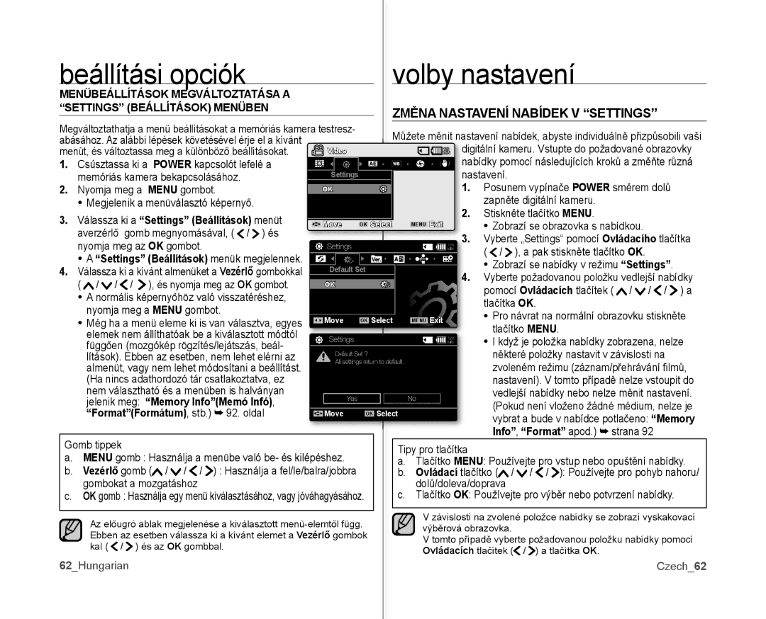 Samsung VP-MX10/XEO Beállítási opciók Volby nastavení, Změna Nastavení Nabídek V Settings, FormatFormátum, stb . oldal 