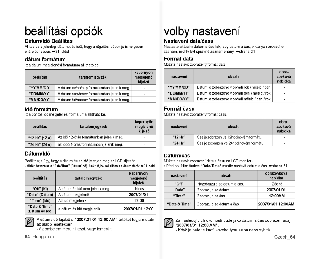 Samsung VP-MX10AH/XEO, VP-MX10/XEO, VP-MX10A/XEO, VP-MX10AU/XEO manual Beállítási opciók 