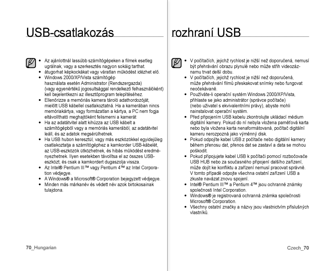 Samsung VP-MX10/XEO, VP-MX10A/XEO, VP-MX10AH/XEO, VP-MX10AU/XEO manual USB-csatlakozás, 70Hungarian, Czech70 