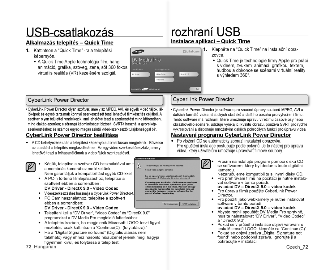 Samsung VP-MX10AH/XEO Alkalmazás telepítés Quick Time, CyberLink Power Director beállítása, Instalace aplikací Quick Time 