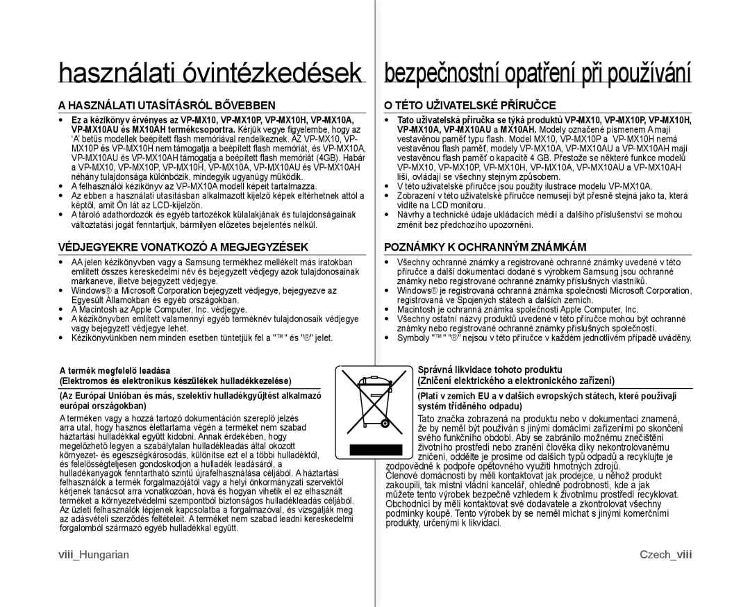 Samsung VP-MX10/XEO, VP-MX10A/XEO, VP-MX10AH/XEO Használati óvintézkedések, Európai országokban Systém tříděného odpadu 