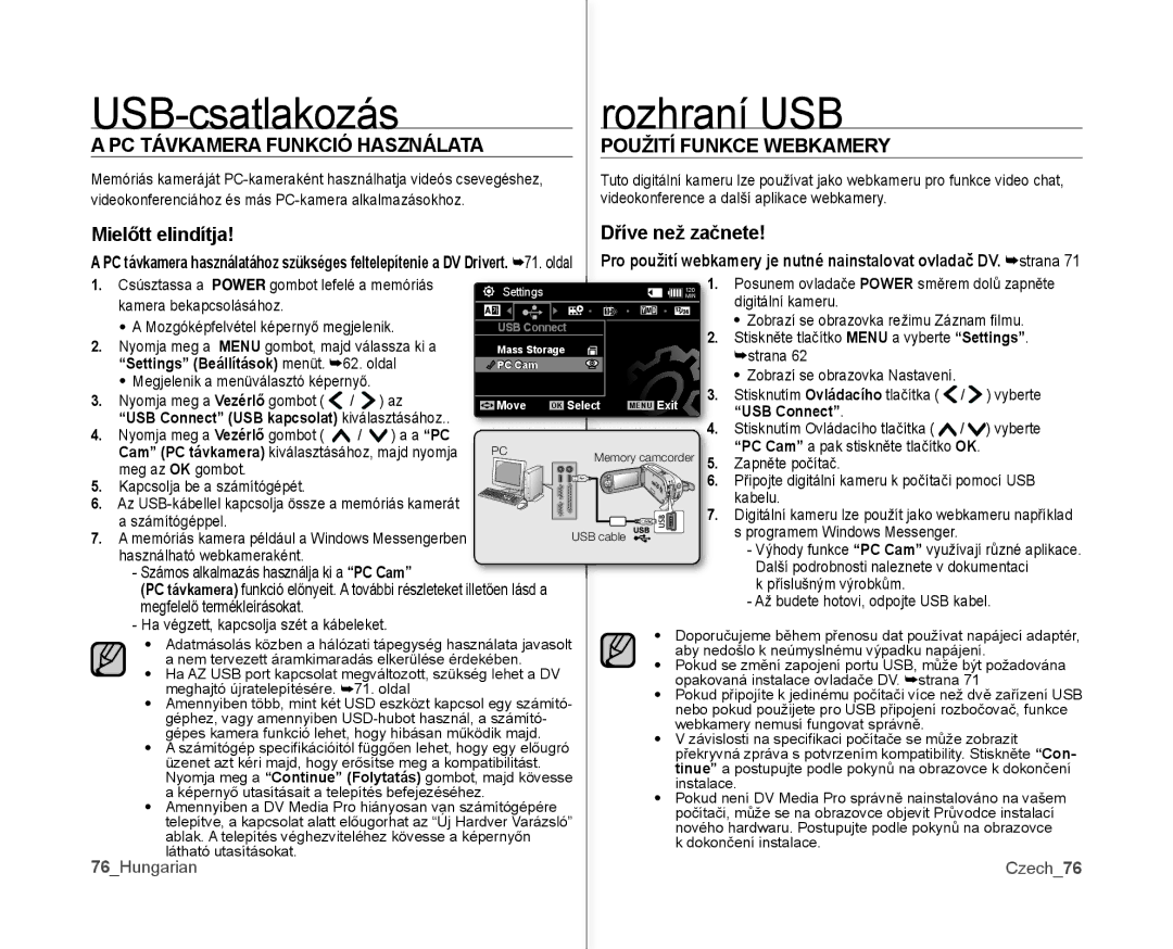 Samsung VP-MX10AH/XEO manual PC Távkamera Funkció Használata Použití Funkce Webkamery, Mielőtt elindítja Dříve než začnete 