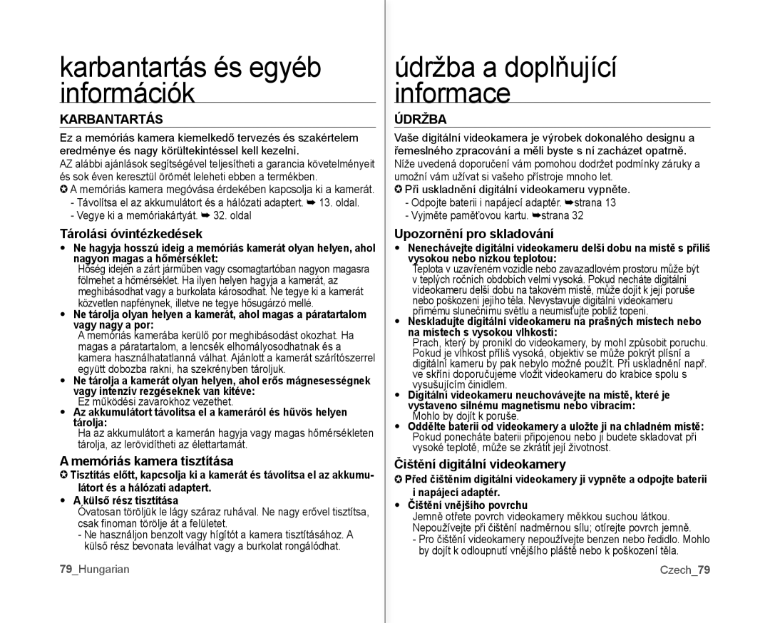 Samsung VP-MX10A/XEO, VP-MX10/XEO, VP-MX10AH/XEO, VP-MX10AU/XEO manual Karbantartás és egyéb információk, Údržba 