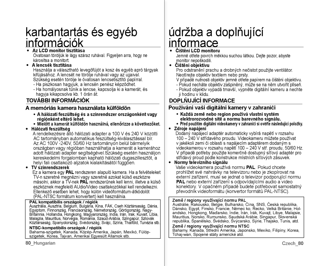 Samsung VP-MX10AH/XEO, VP-MX10/XEO manual További Információk, Memóriás kamera használata külföldön, Doplňující Informace 