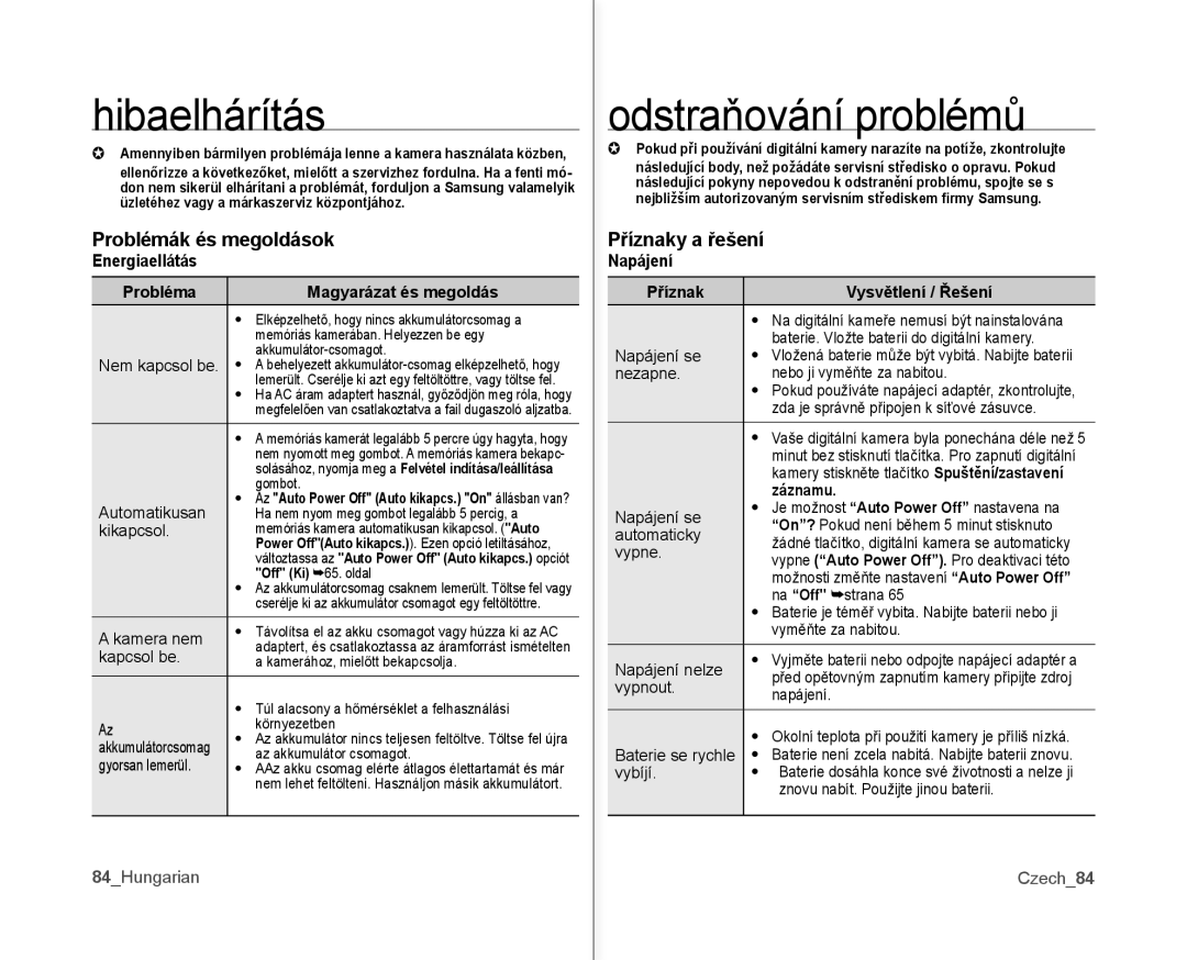 Samsung VP-MX10AH/XEO manual Problémák és megoldások, Příznaky a řešení, Energiaellátás Probléma Magyarázat és megoldás 