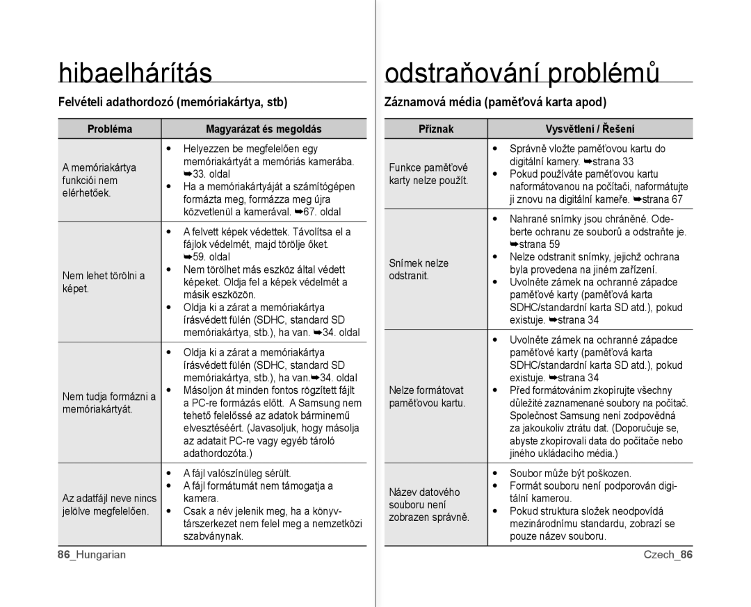 Samsung VP-MX10/XEO, VP-MX10A/XEO manual Felvételi adathordozó memóriakártya, stb, Záznamová média paměťová karta apod 