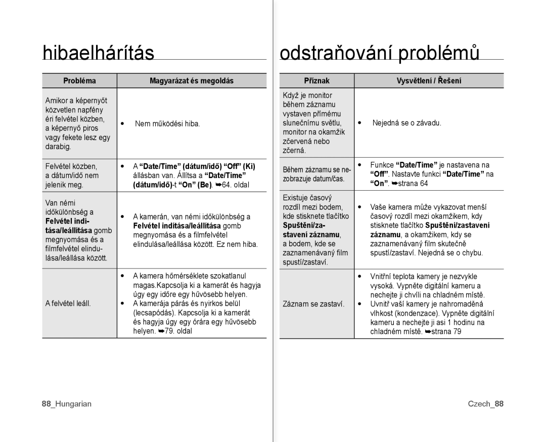 Samsung VP-MX10AH/XEO, VP-MX10/XEO, VP-MX10A/XEO manual Felvétel indítása/leállítása gomb, Spuštění/za, Stavení záznamu 