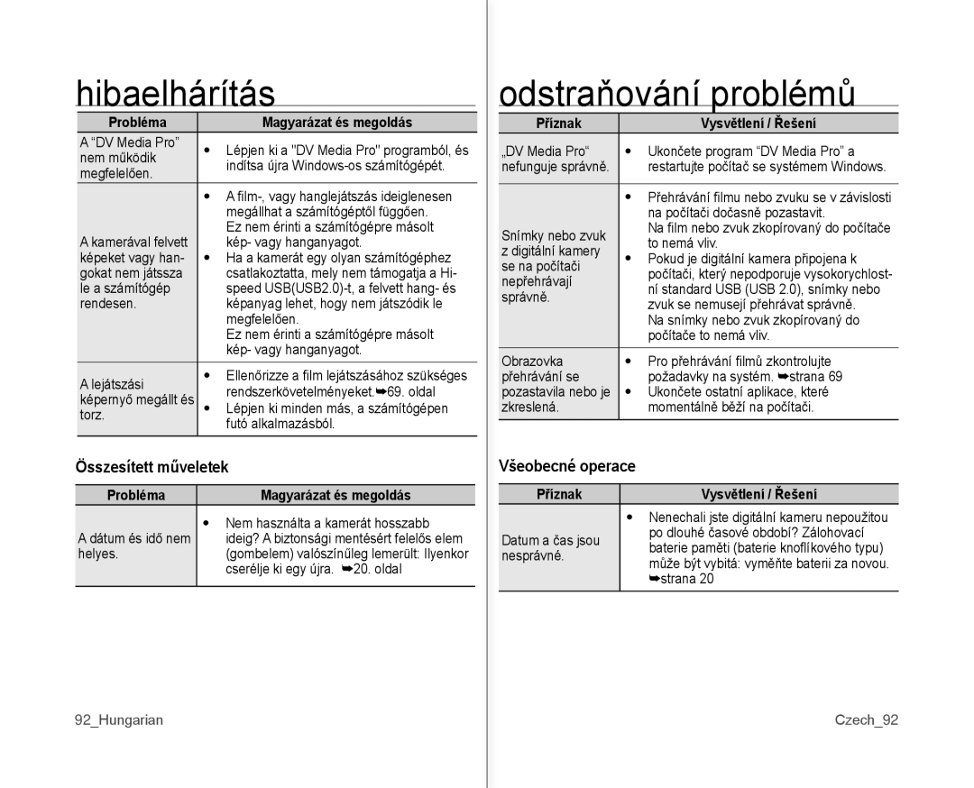 Samsung VP-MX10AH/XEO, VP-MX10/XEO, VP-MX10A/XEO manual Összesített műveletek, Všeobecné operace, 92Hungarian, Czech92 