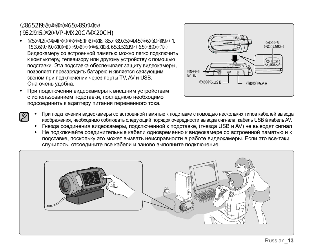 Samsung VP-MX20R/XER Ɂɫɩɨɥɶɡɨɜɚɧɢɟɩɨɞɫɬɚɜɤɢ ɬɨɥɶɤɨɞɥɹ930&0&+, Ɉɨɞɤɥɸɱɟɧɢɟɜɢɞɟɨɤɚɦɟɪɵɫɨɜɫɬɪɨɟɧɧɨɣɩɚɦɹɬɶɸɤ 