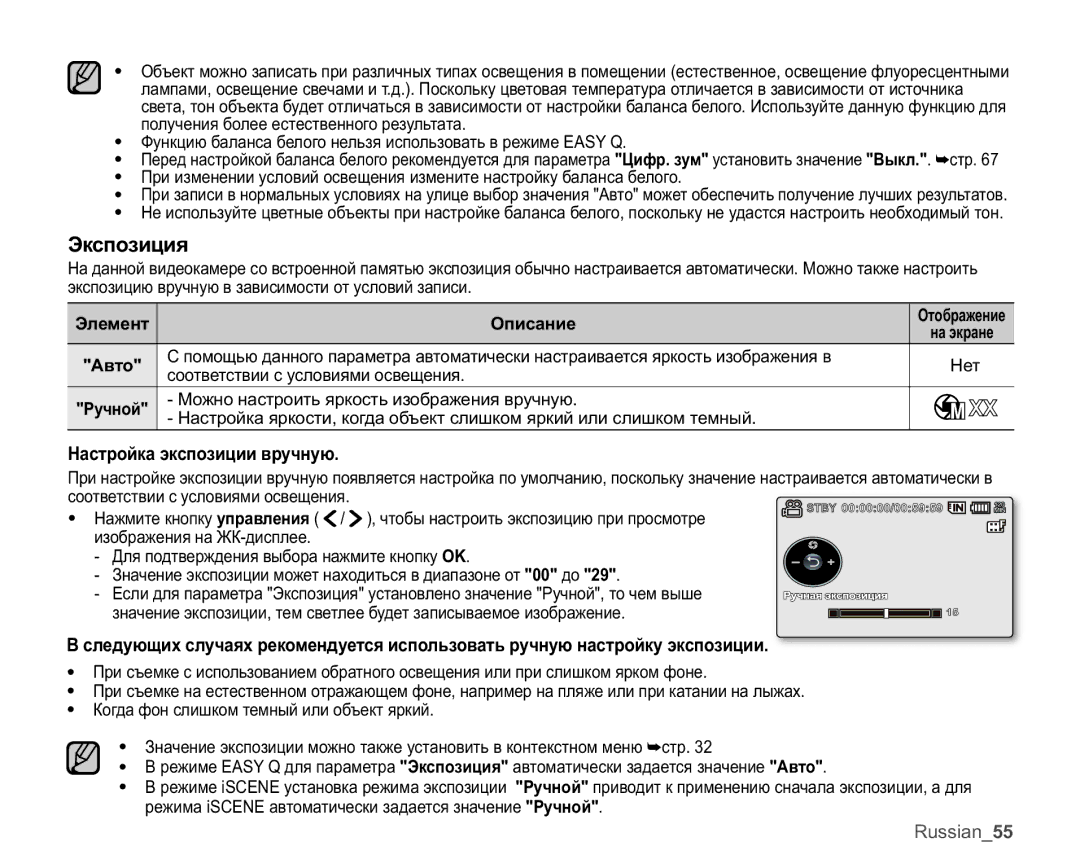 Samsung VP-MX20C/XER, VP-MX20C/EDC, VP-MX20L/XER manual Ɗɤɫɩɨɡɢɰɢɹ, Ɇɚɫɬɪɨɣɤɚɷɤɫɩɨɡɢɰɢɢɜɪɭɱɧɭɸ, Ɗɥɟɦɟɧɬ Ɉɩɢɫɚɧɢɟ, Ⱥɜɬɨ 