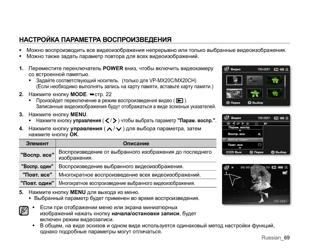 Samsung VP-MX20C/EDC, VP-MX20C/XER, VP-MX20L/XER, VP-MX20/XER, VP-MX20R/XER manual ɆȺɋɌɊɈɃɄȺɉȺɊȺɆȿɌɊȺȼɈɋɉɊɈɂɁȼȿȾȿɇɂə 