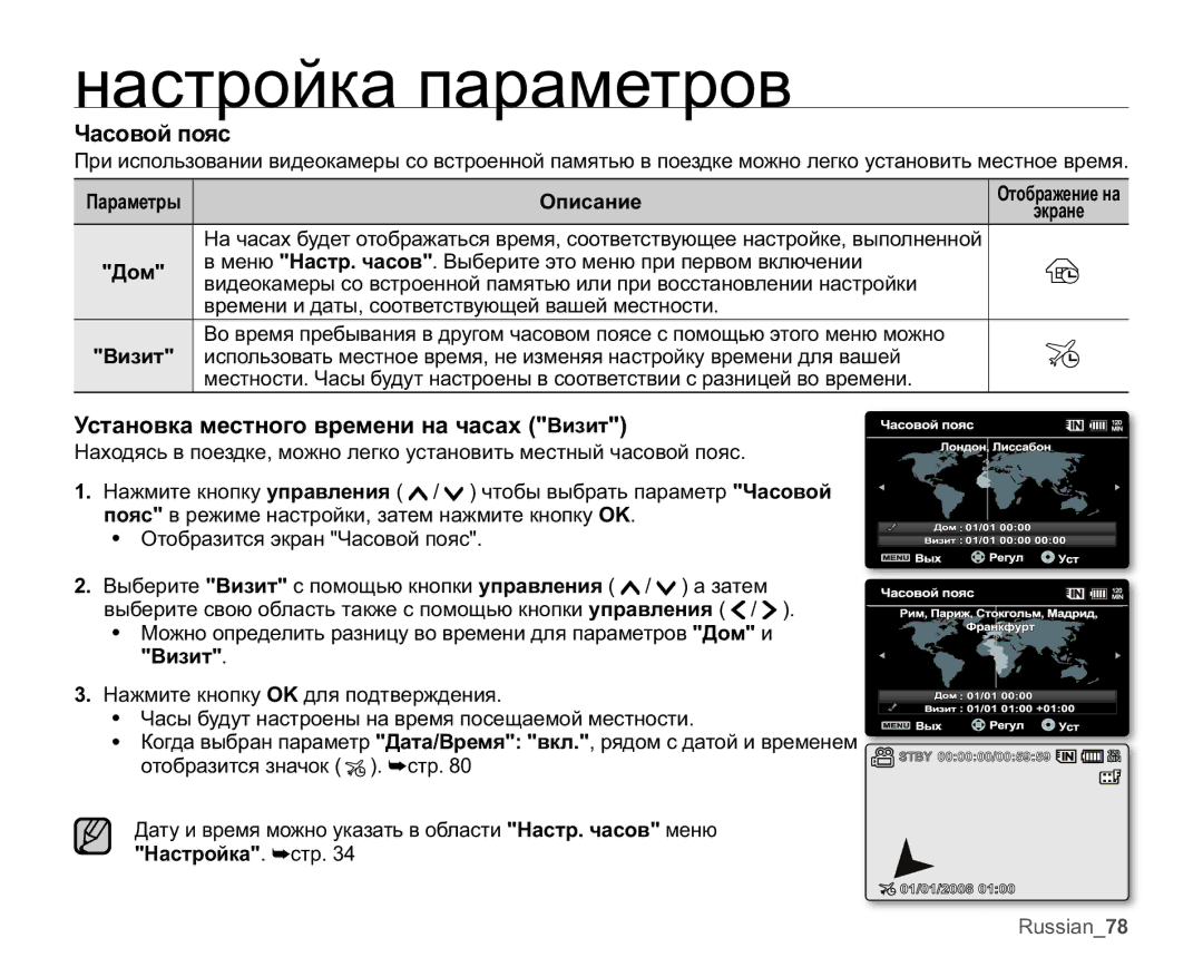 Samsung VP-MX20R/XER, VP-MX20C/EDC, VP-MX20C/XER manual Ɑɚɫɨɜɨɣɩɨɹɫ, Ɍɫɬɚɧɨɜɤɚɦɟɫɬɧɨɝɨɜɪɟɦɟɧɢɧɚɱɚɫɚɯȼɢɡɢɬ, Ⱦɨɦ 