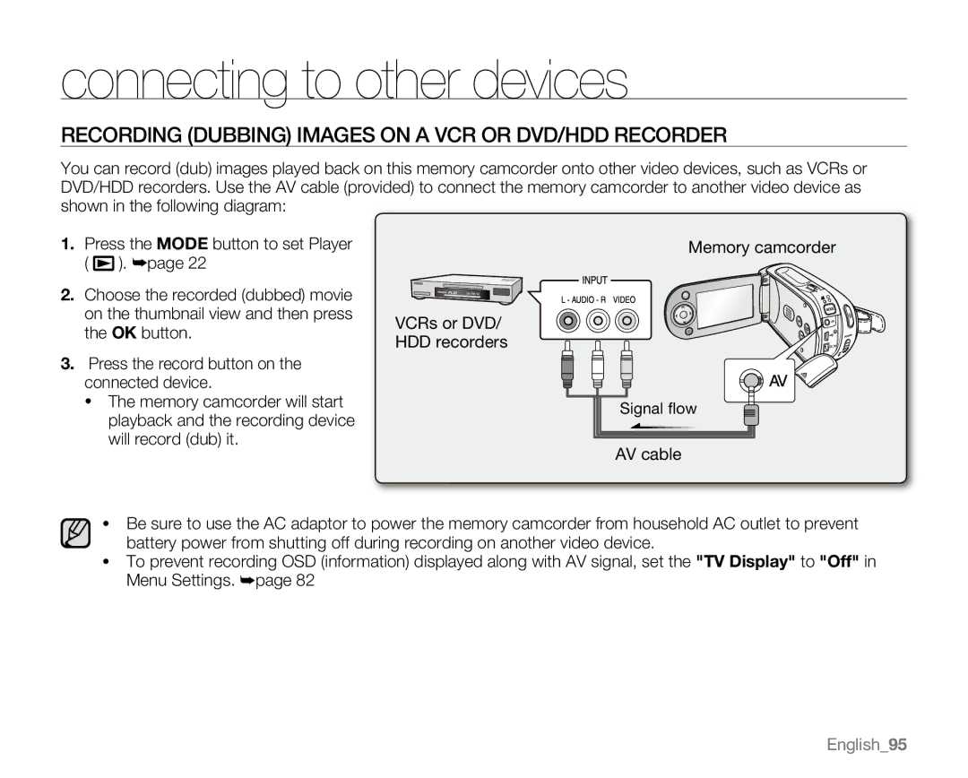 Samsung VP-MX20R, VP-MX20CH, VP-MX20H, VP-MX20L user manual Recording Dubbing Images on a VCR or DVD/HDD Recorder 