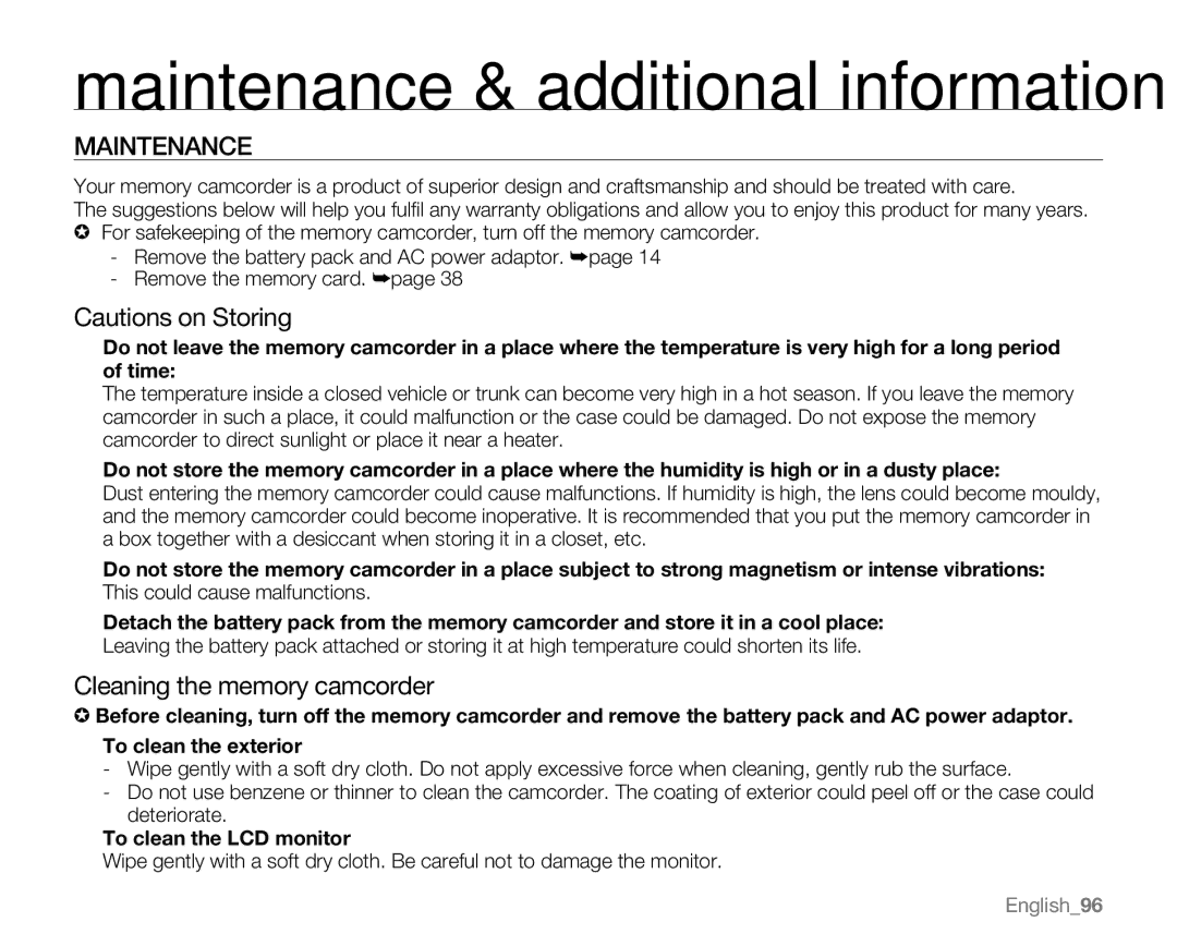 Samsung VP-MX20R, VP-MX20CH Maintenance & additional information, Cleaning the memory camcorder, To clean the LCD monitor 