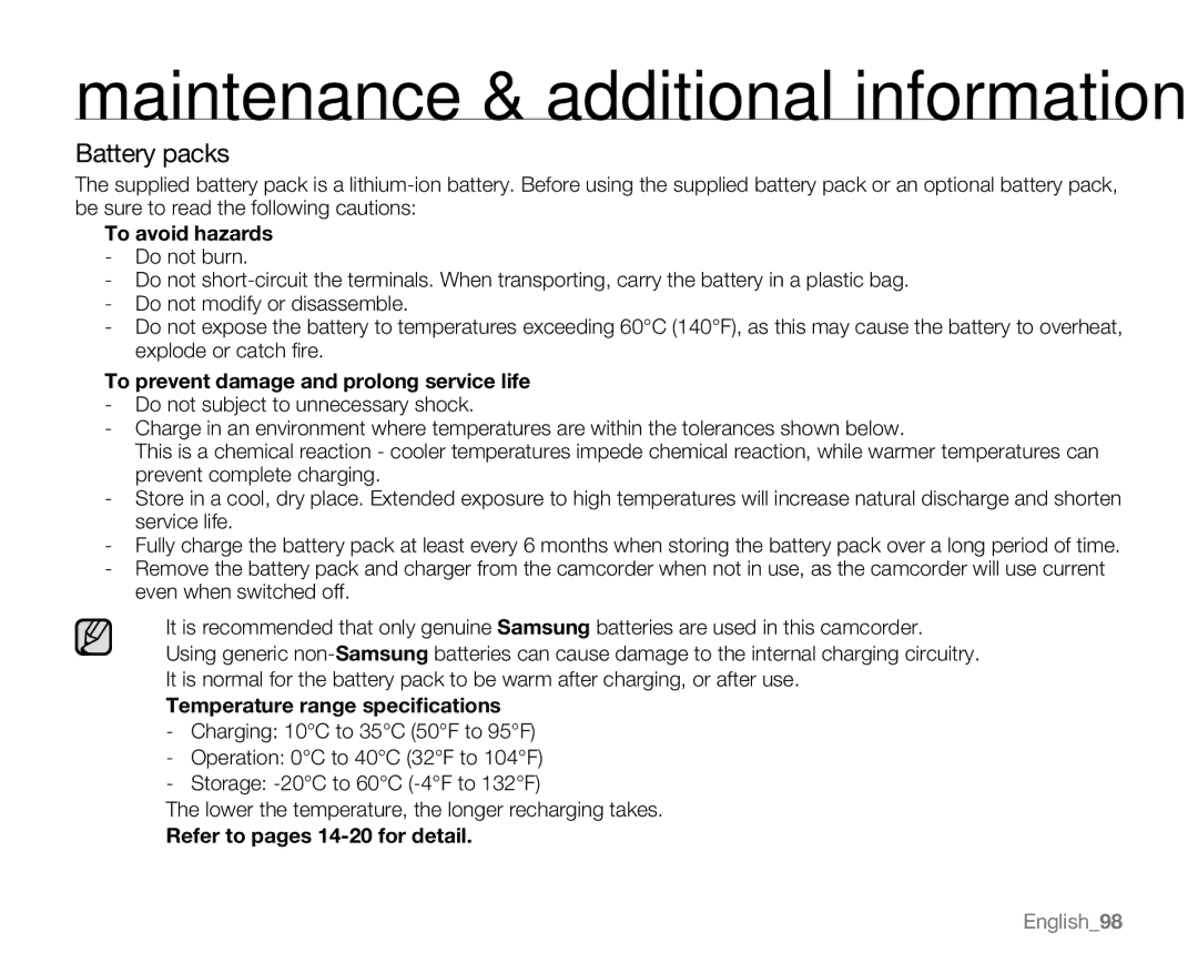 Samsung VP-MX20H, VP-MX20R, VP-MX20CH, VP-MX20L Battery packs, To avoid hazards, To prevent damage and prolong service life 