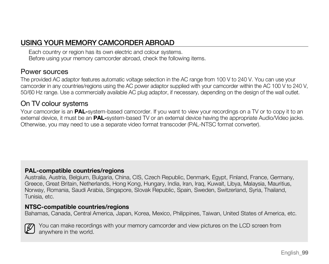 Samsung VP-MX20L Using Your Memory Camcorder Abroad, Power sources, On TV colour systems, PAL-compatible countries/regions 