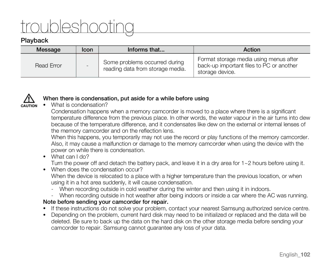 Samsung VP-MX20R, VP-MX20CH, VP-MX20H, VP-MX20L user manual Playback, English102 