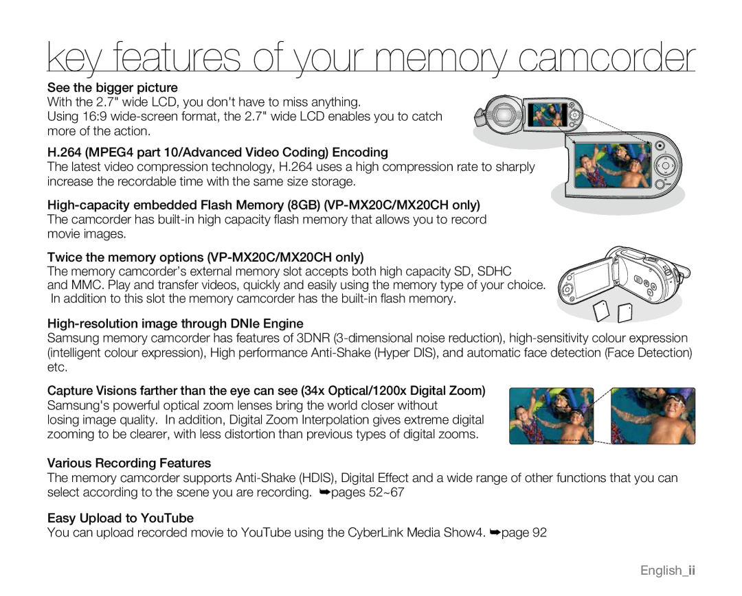 Samsung VP-MX20H, VP-MX20R, VP-MX20CH, VP-MX20L user manual Key features of your memory camcorder 