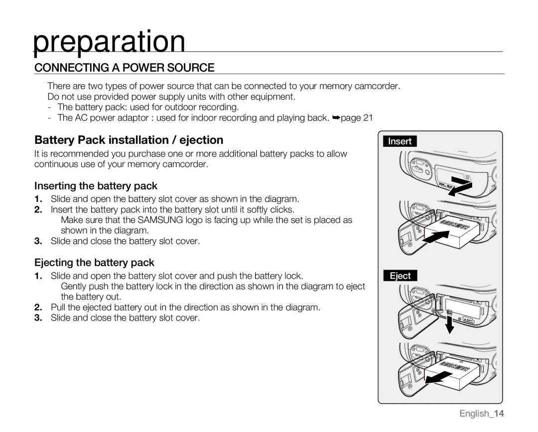 Samsung VP-MX20H, VP-MX20R, VP-MX20CH Connecting a Power Source, Inserting the battery pack, Ejecting the battery pack 