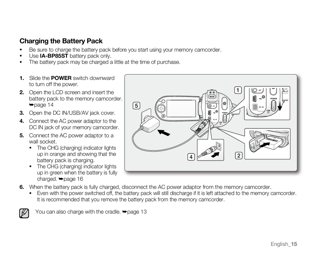 Samsung VP-MX20L, VP-MX20R, VP-MX20CH, VP-MX20H user manual Charging the Battery Pack 