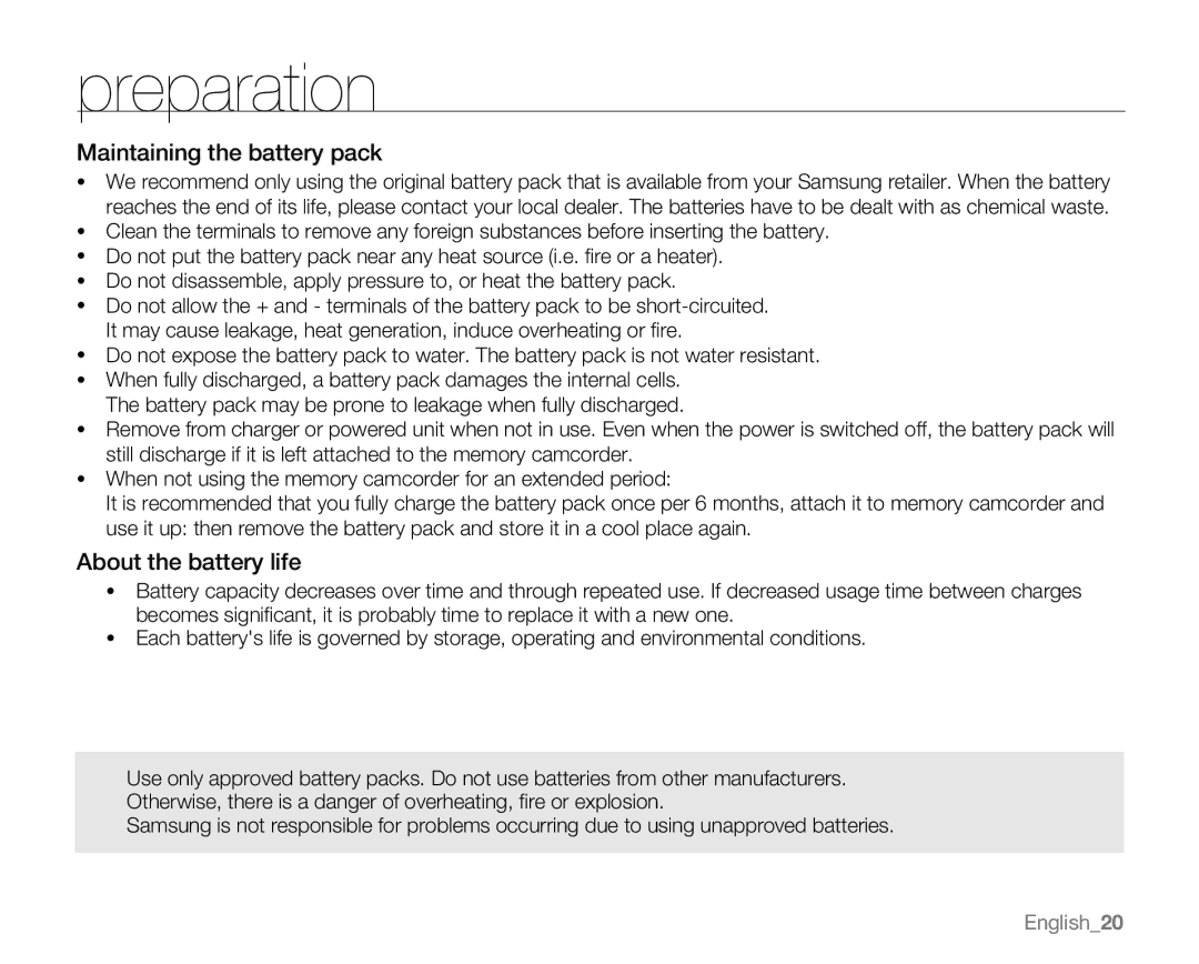 Samsung VP-MX20H, VP-MX20R, VP-MX20CH, VP-MX20L user manual Maintaining the battery pack, About the battery life 