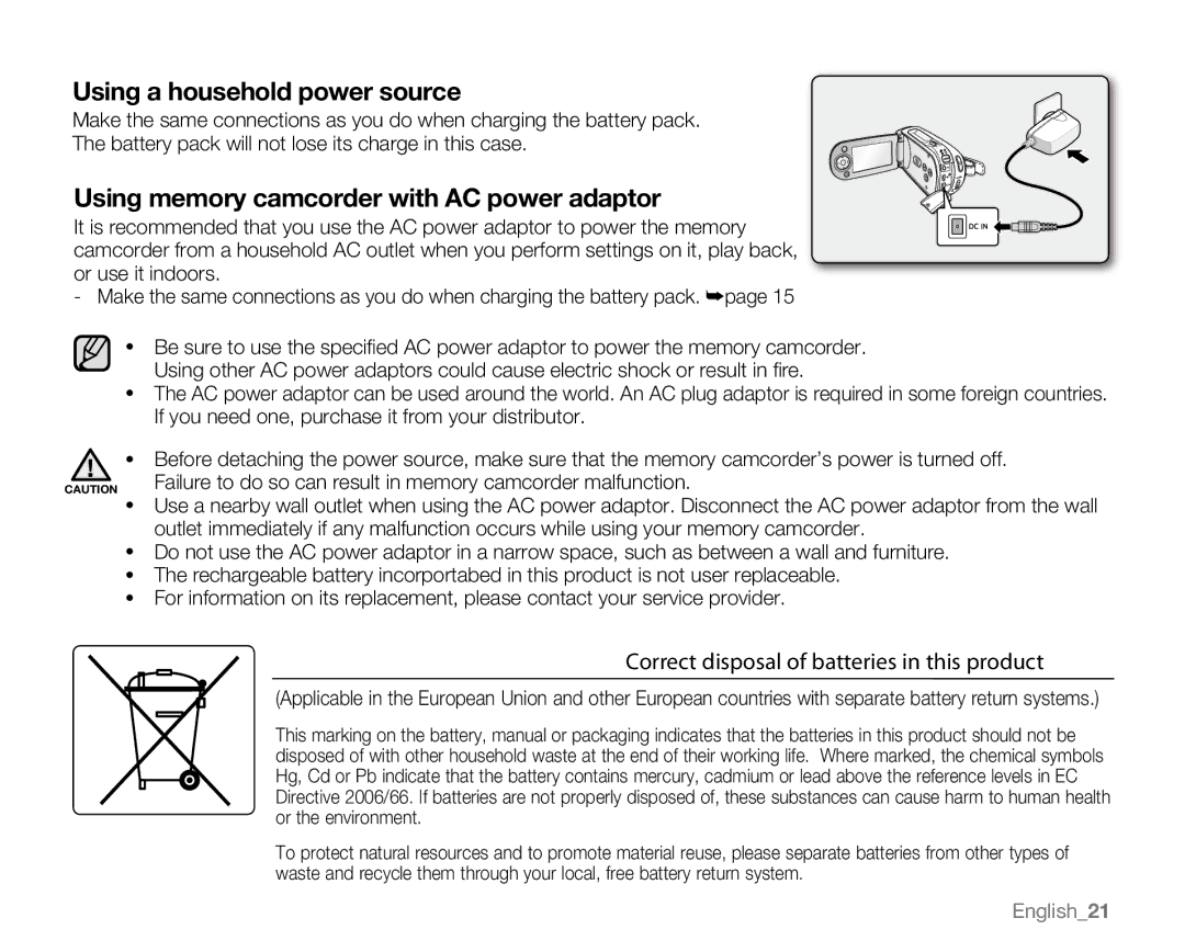 Samsung VP-MX20L, VP-MX20R, VP-MX20CH Using a household power source, Correct disposal of batteries in this product 