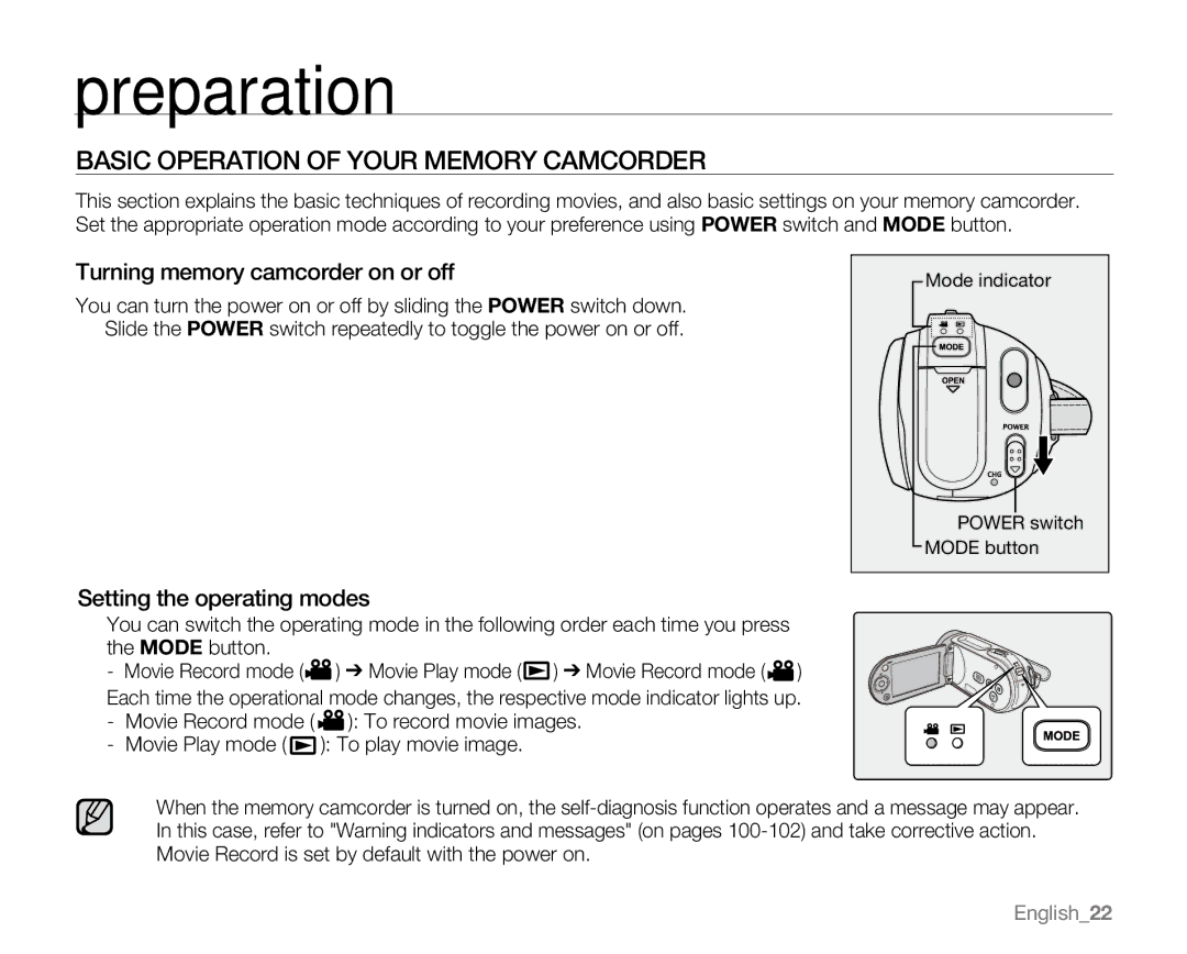 Samsung VP-MX20 Basic Operation of Your Memory Camcorder, Turning memory camcorder on or off, Setting the operating modes 