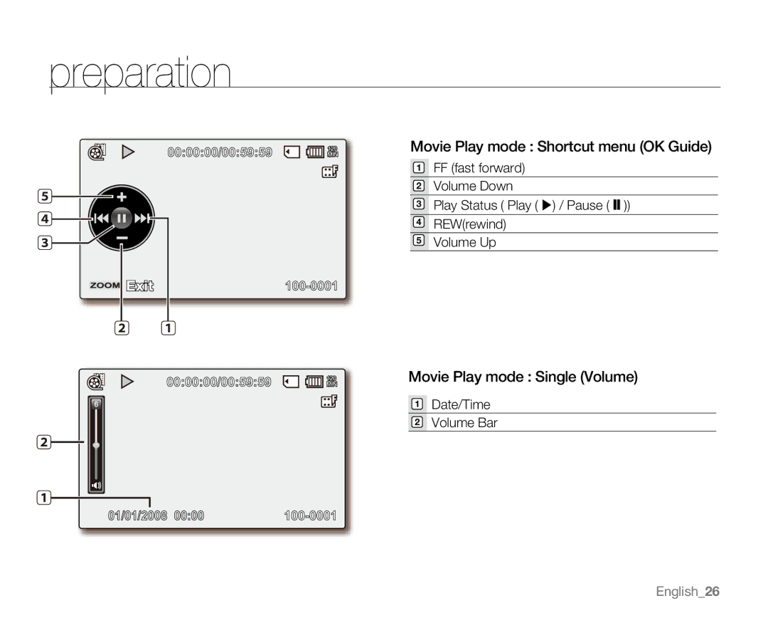 Samsung VP-MX20H, VP-MX20R, VP-MX20CH, VP-MX20L Movie Play mode Shortcut menu OK Guide, Movie Play mode Single Volume 