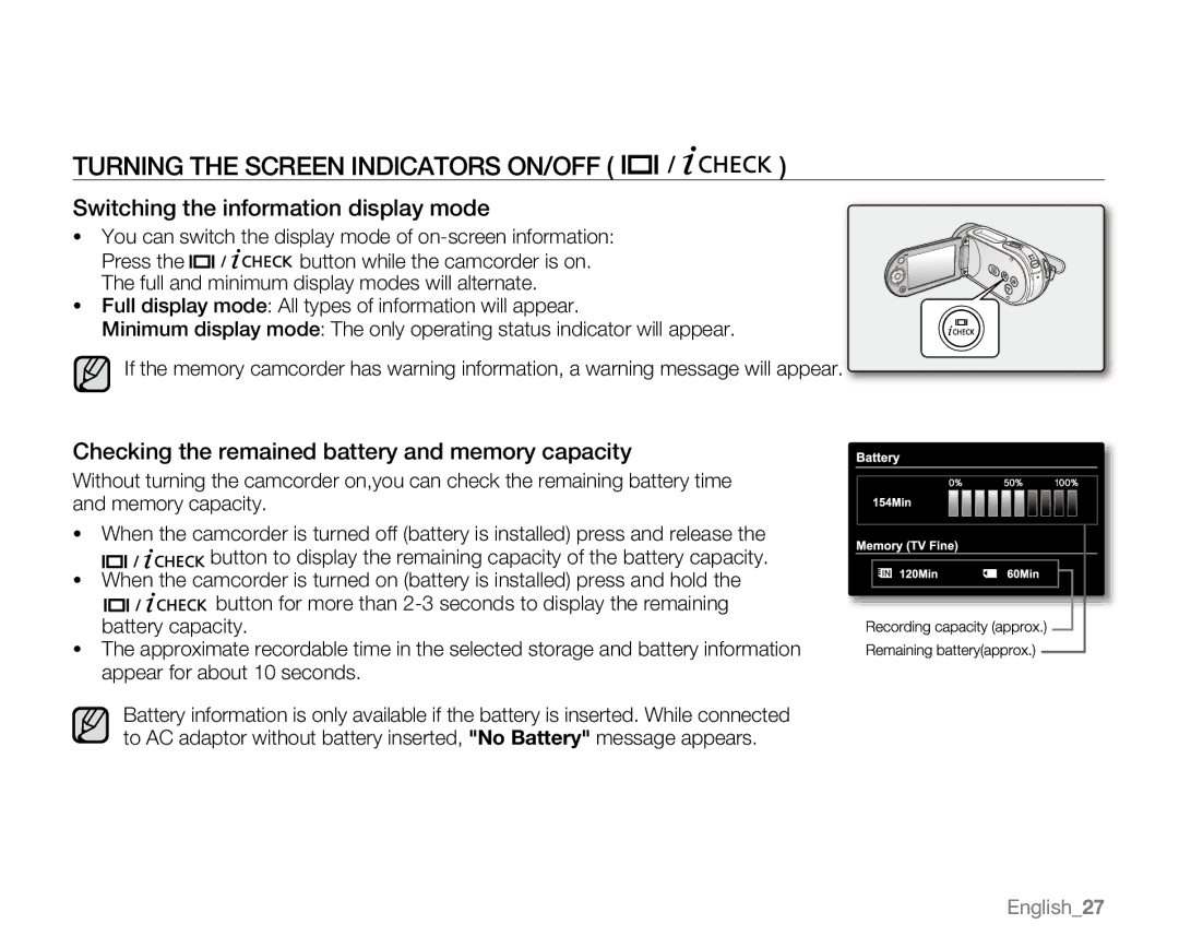 Samsung VP-MX20L, VP-MX20R, VP-MX20CH, VP-MX20H Turning the Screen Indicators ON/OFF, Switching the information display mode 