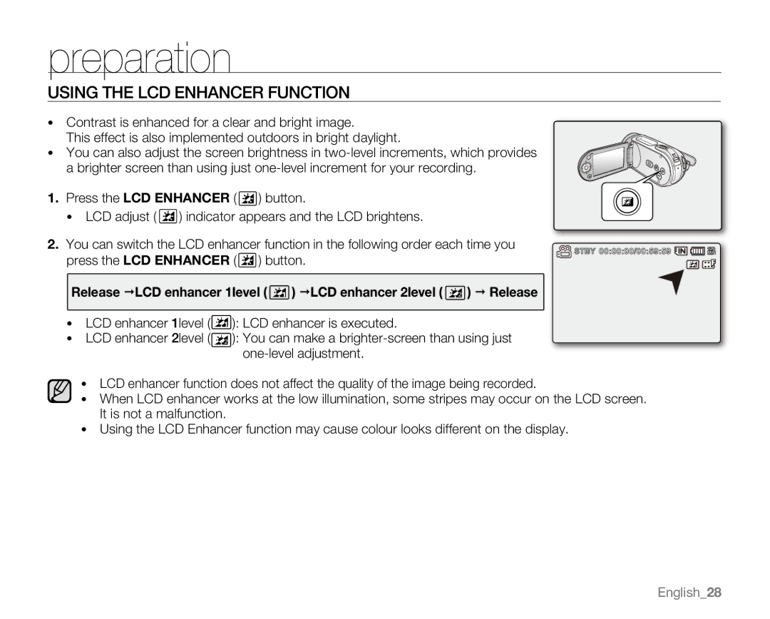 Samsung VP-MX20R, VP-MX20CH, VP-MX20H, VP-MX20L user manual Using the LCD Enhancer Function 