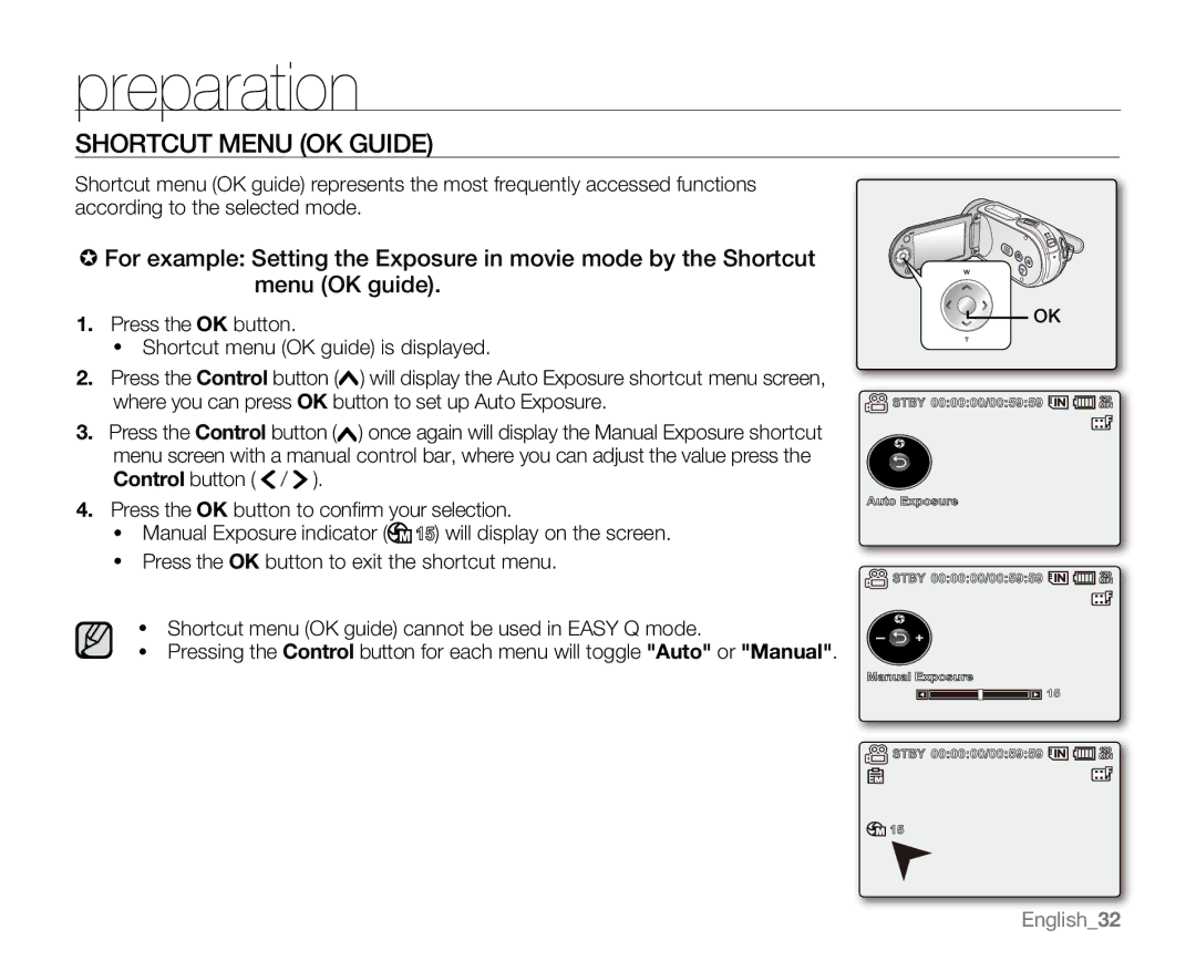 Samsung VP-MX20H, VP-MX20R, VP-MX20CH, VP-MX20L user manual Shortcut Menu OK Guide 