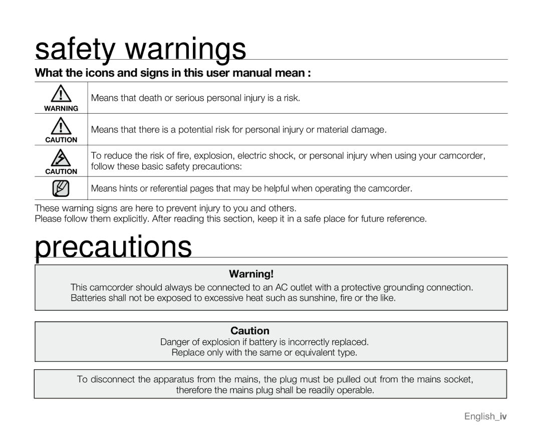 Samsung VP-MX20R, VP-MX20CH, VP-MX20H, VP-MX20L user manual Safety warnings, Precautions 