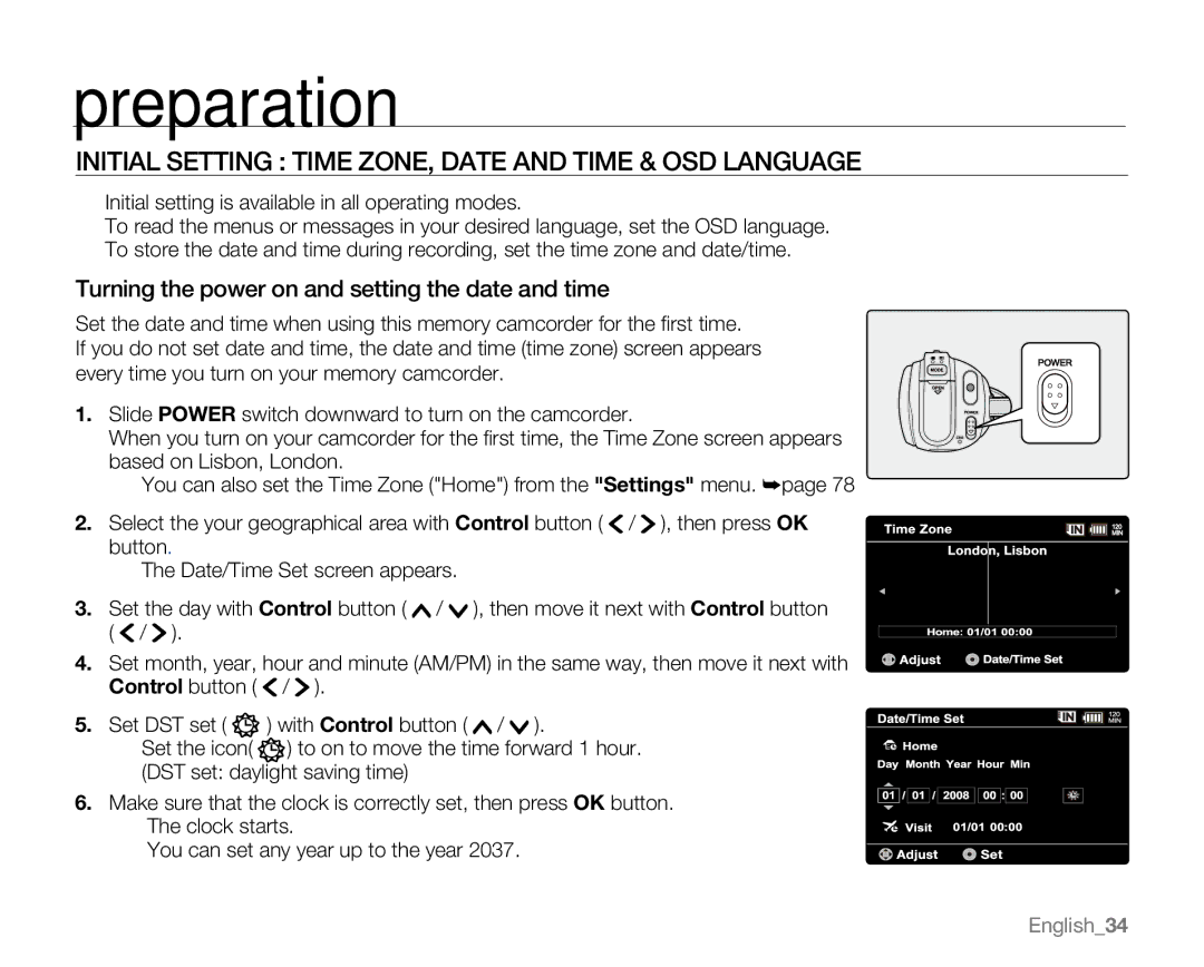 Samsung VP-MX20R, VP-MX20CH, VP-MX20H, VP-MX20L user manual Initial Setting Time ZONE, Date and Time & OSD Language 