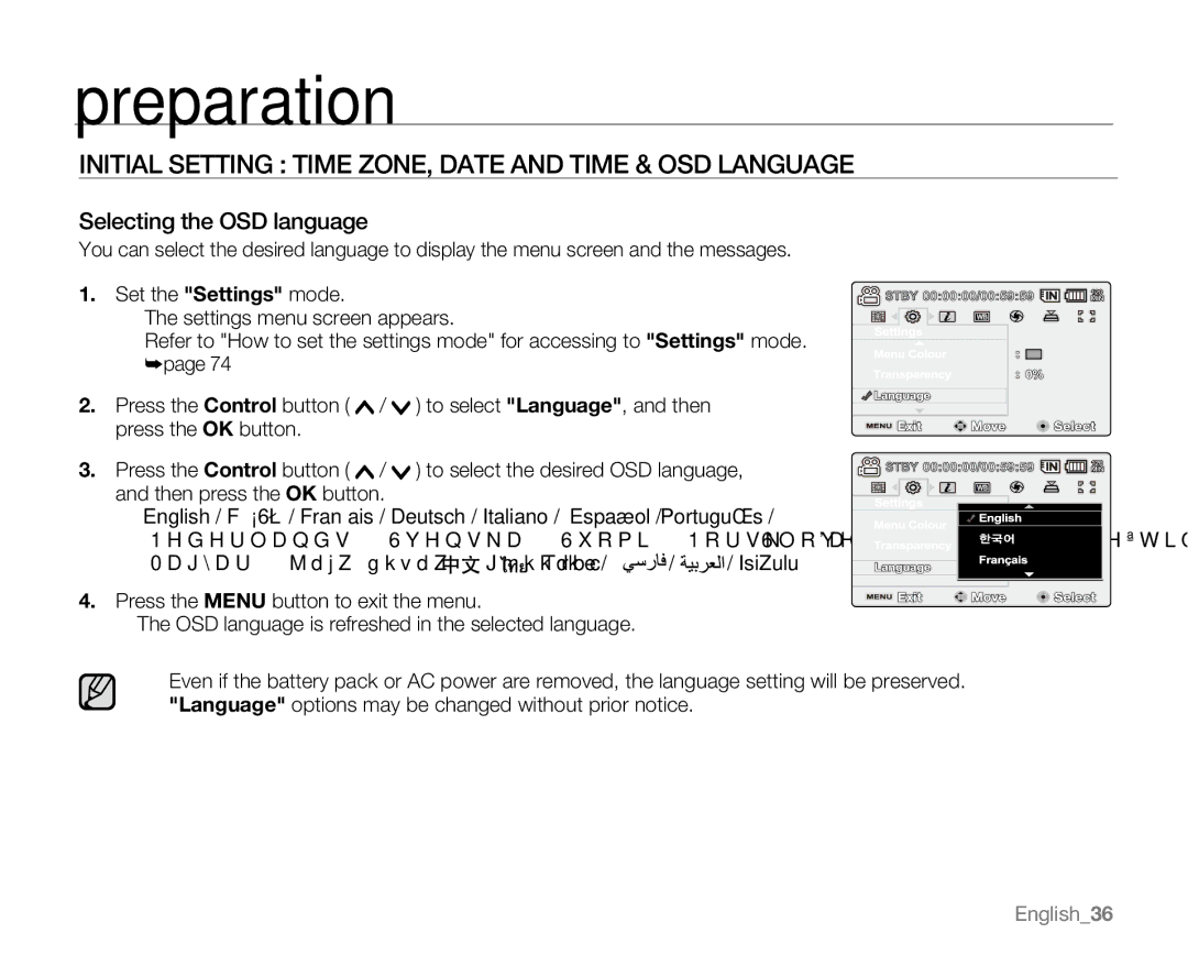 Samsung VP-MX20R, VP-MX20CH, VP-MX20H, VP-MX20L user manual Selecting the OSD language 