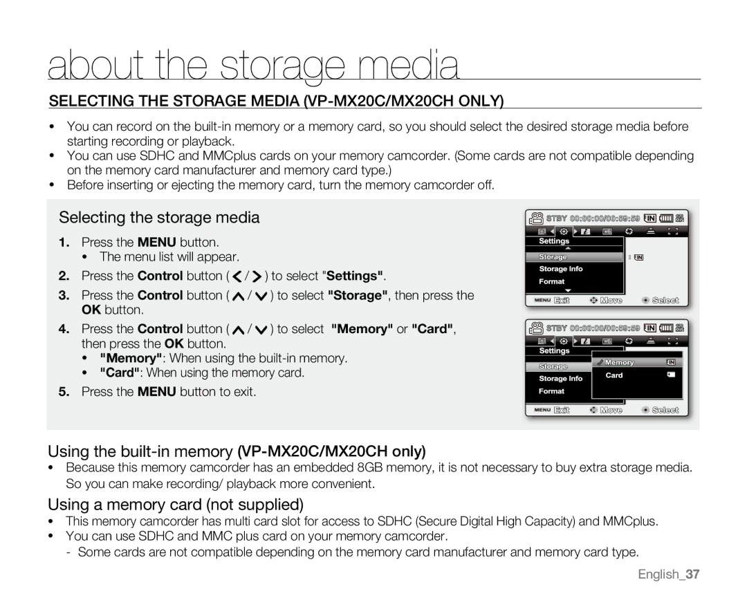 Samsung VP-MX20CH About the storage media, Selecting the Storage Media VP-MX20C/MX20CH only, Selecting the storage media 