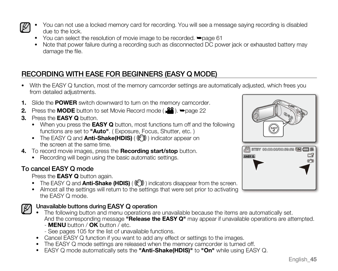 Samsung VP-MX20L Recording with Ease for Beginners Easy Q Mode, To cancel Easy Q mode, Easy Q and Anti-Shake Hdis 