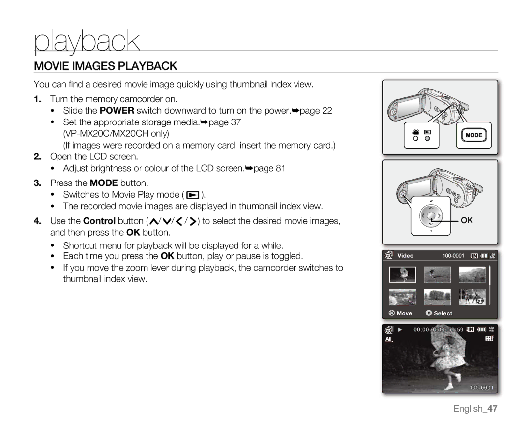 Samsung VP-MX20R, VP-MX20CH, VP-MX20H, VP-MX20L user manual Movie Images Playback 