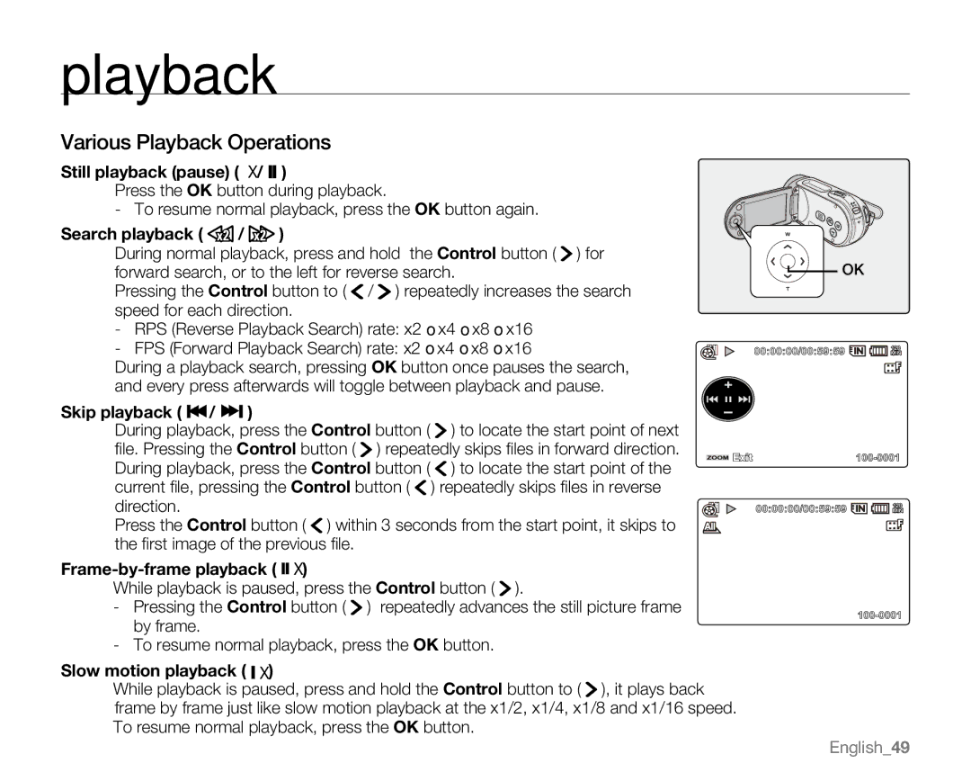 Samsung VP-MX20CH Various Playback Operations, Still playback pause X/ ZZ, Skip playback Z / Z, Slow motion playback ZX 