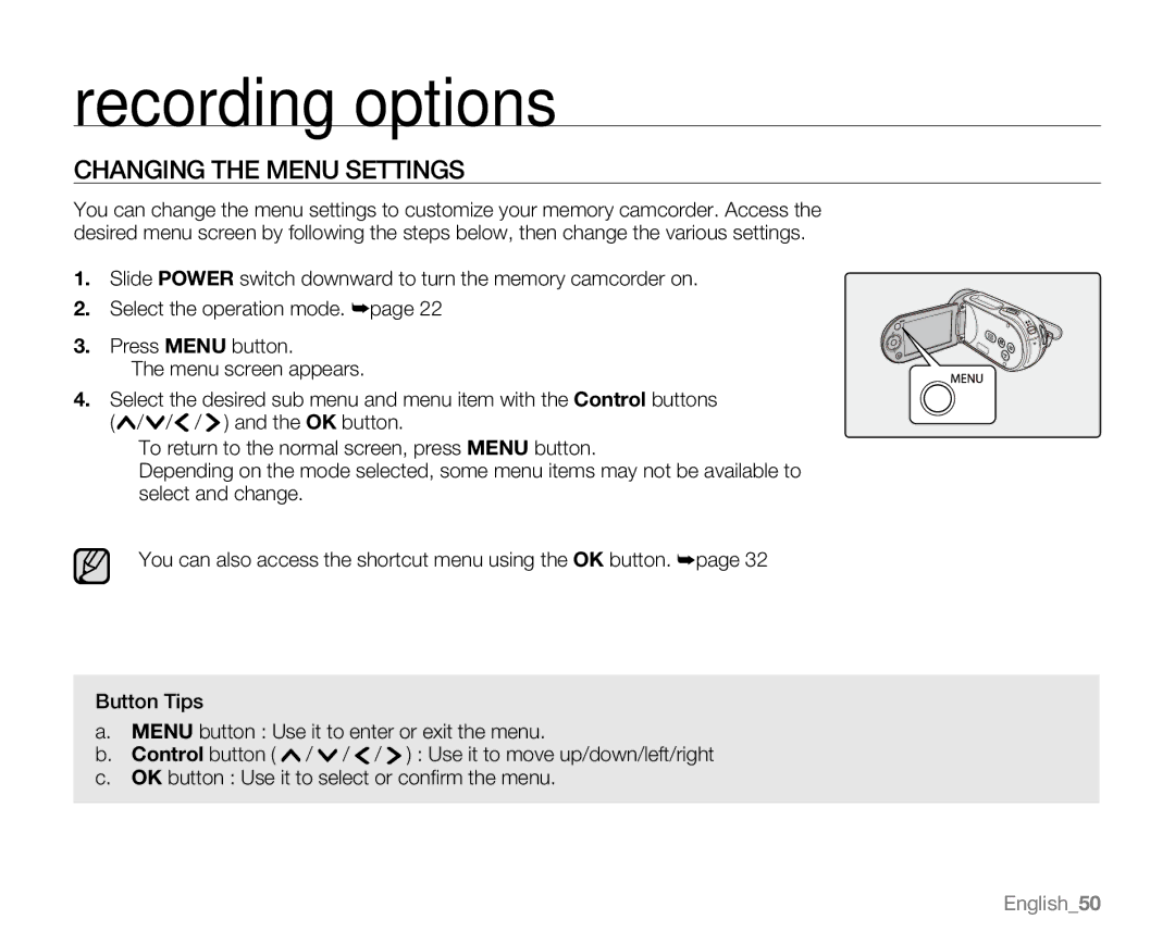 Samsung VP-MX20H, VP-MX20R, VP-MX20CH, VP-MX20L user manual Recording options, Changing the Menu Settings 