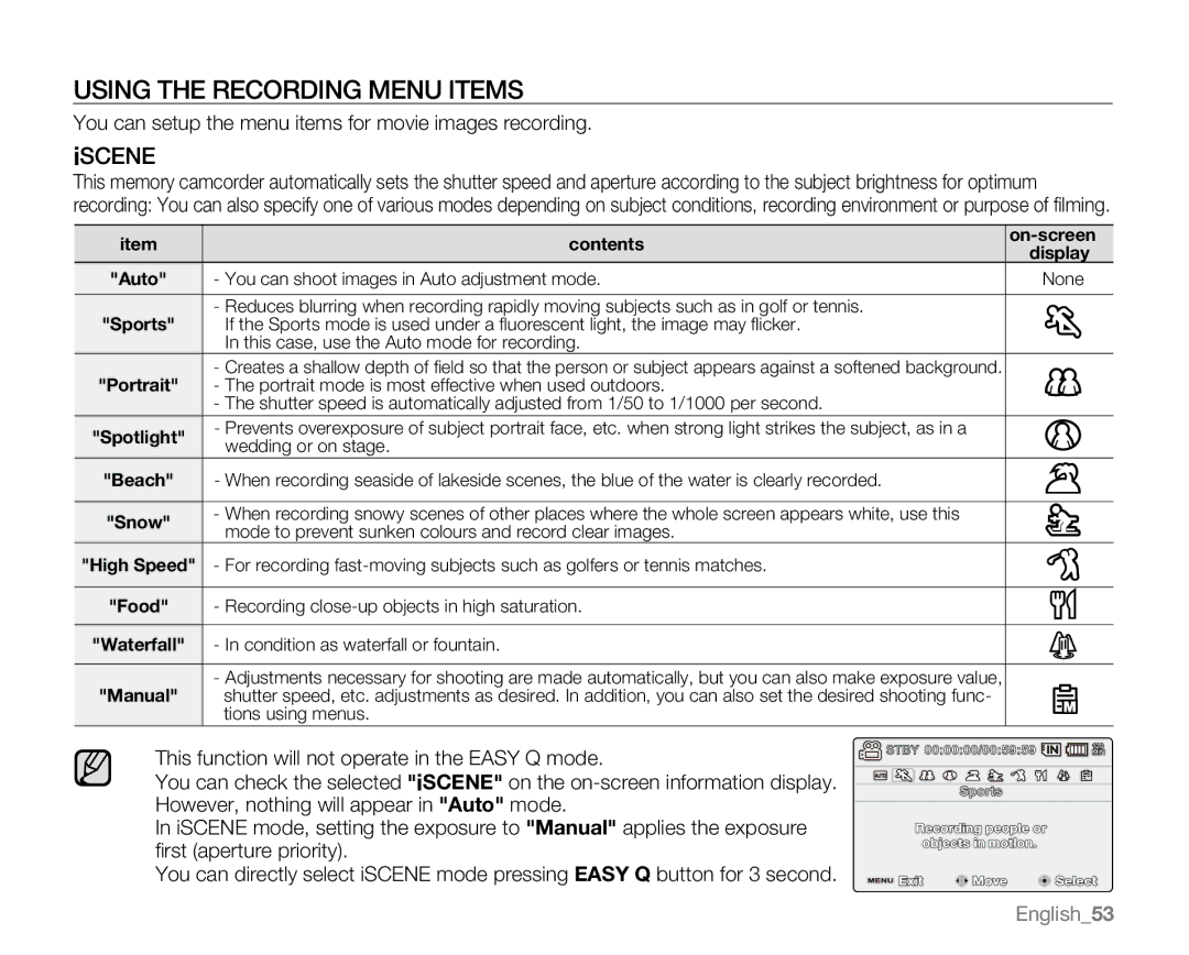 Samsung VP-MX20R, VP-MX20CH, VP-MX20H, VP-MX20L user manual Using the Recording Menu Items, Iscene 