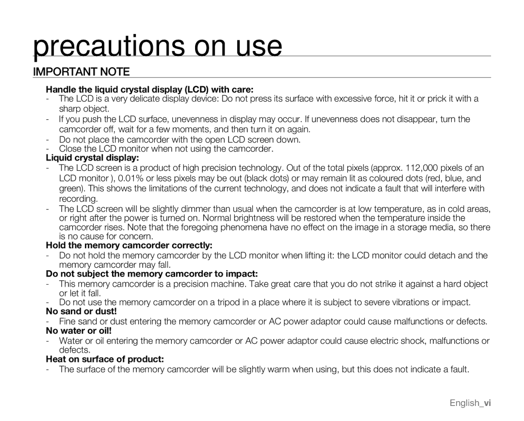 Samsung VP-MX20R, VP-MX20CH, VP-MX20H, VP-MX20L user manual Precautions on use, Important Note 