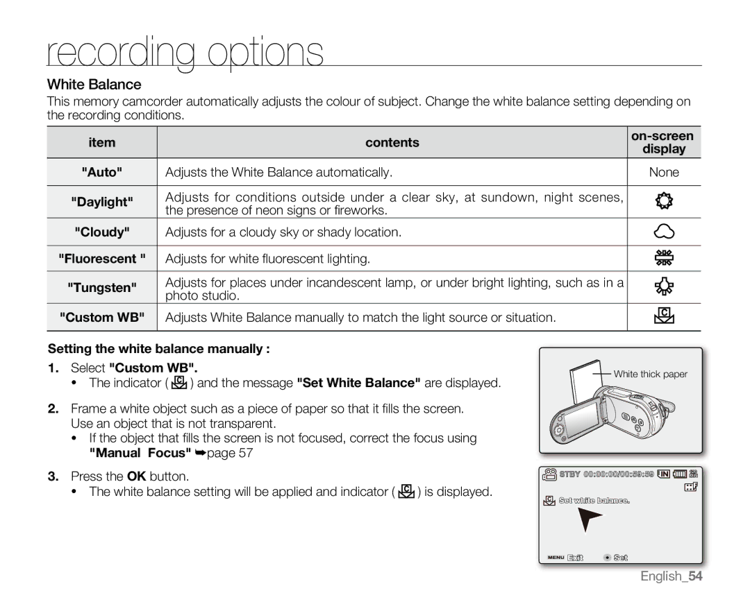 Samsung VP-MX20R, VP-MX20CH, VP-MX20H, VP-MX20L user manual White Balance 