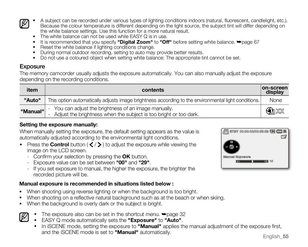 Samsung VP-MX20CH, VP-MX20R, VP-MX20H, VP-MX20L user manual Exposure 