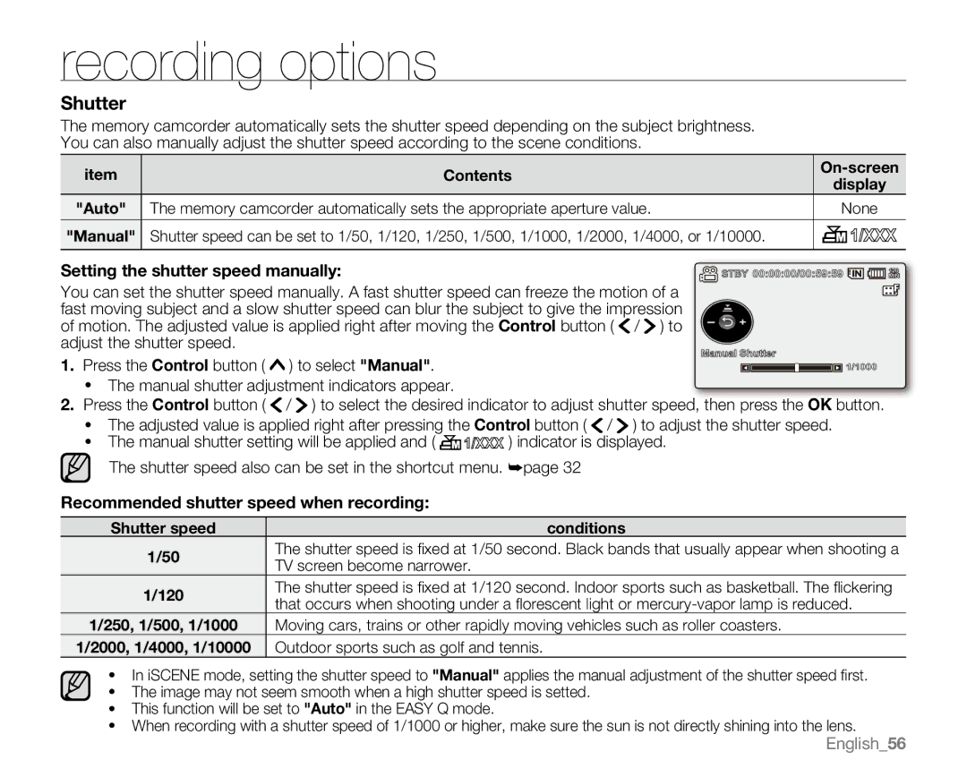 Samsung VP-MX20H, VP-MX20R, VP-MX20CH, VP-MX20L Setting the shutter speed manually, Recommended shutter speed when recording 