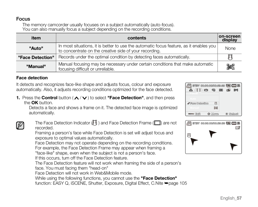 Samsung VP-MX20L, VP-MX20R, VP-MX20CH, VP-MX20H user manual Focus, Face detection 