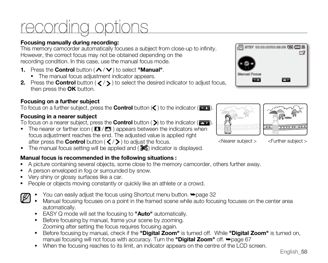 Samsung VP-MX20R, VP-MX20CH Focusing manually during recording, Manual focus is recommended in the following situations 