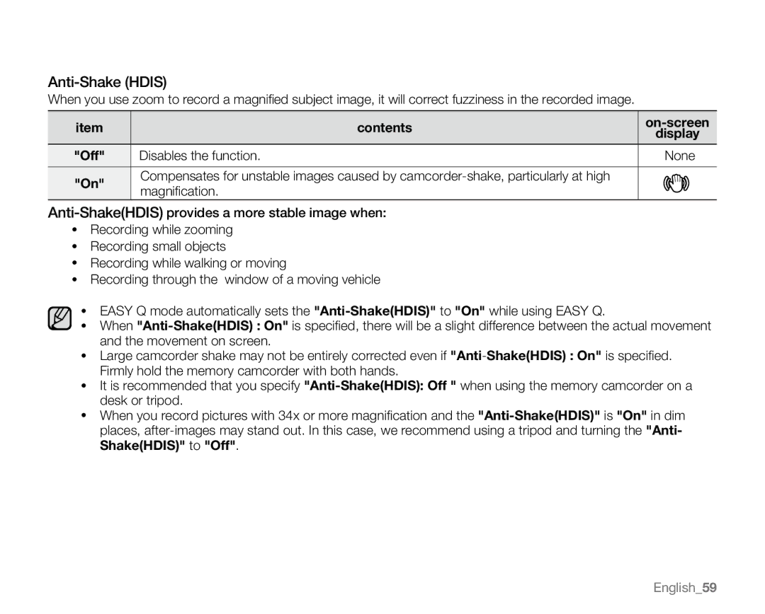 Samsung VP-MX20R, VP-MX20CH, VP-MX20H, VP-MX20L user manual Anti-Shake Hdis 